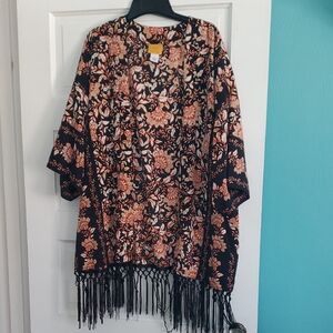 Ruby Rd. Black and Orange Floral Tunic with Fringe